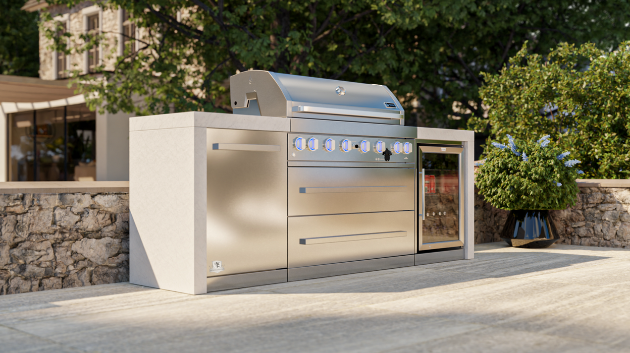 Mont Alpi Outdoor kitchen 6-burrner Deluxe Island with Fridge Cabinet + Cover - 2.4M