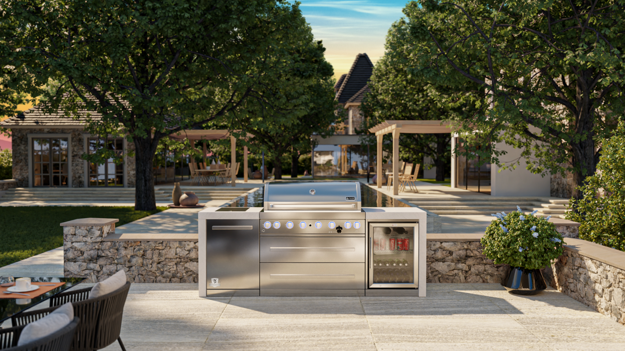 Mont Alpi Outdoor kitchen 6-burrner Deluxe Island with Fridge Cabinet + Cover - 2.4M