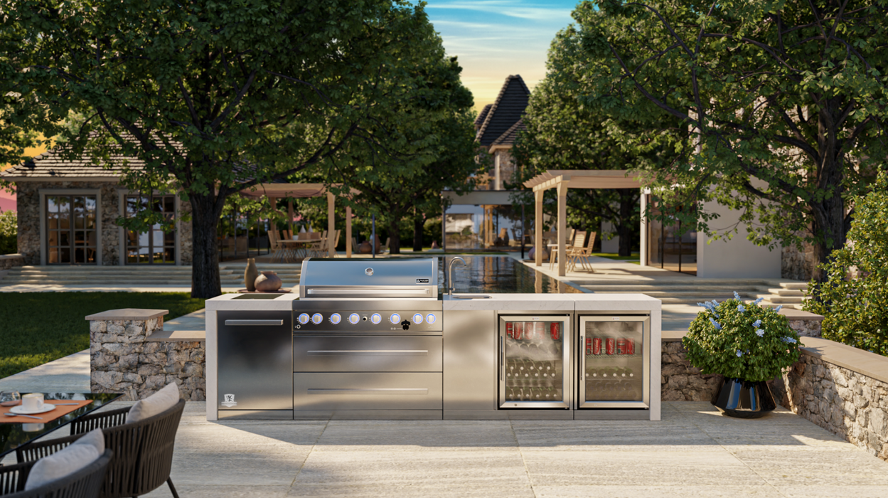 Mont Alpi Outdoor kitchen 6-burner Deluxe Island with a Beverage Center And Fridge Cabinet + Cover - 3.4M