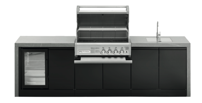 GrandPro Outdoor Kitchen L-Shape 3.4M x 1.5M Water Fall Series Cross-ray 4-Burner + Free Pizza Oven