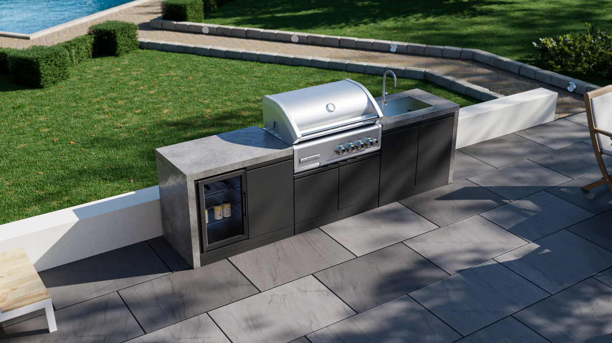 GrandPro Outdoor Kitchen L-Shape 3.4M x 1.5M Water Fall Series Cross-ray 4-Burner + Free Pizza Oven