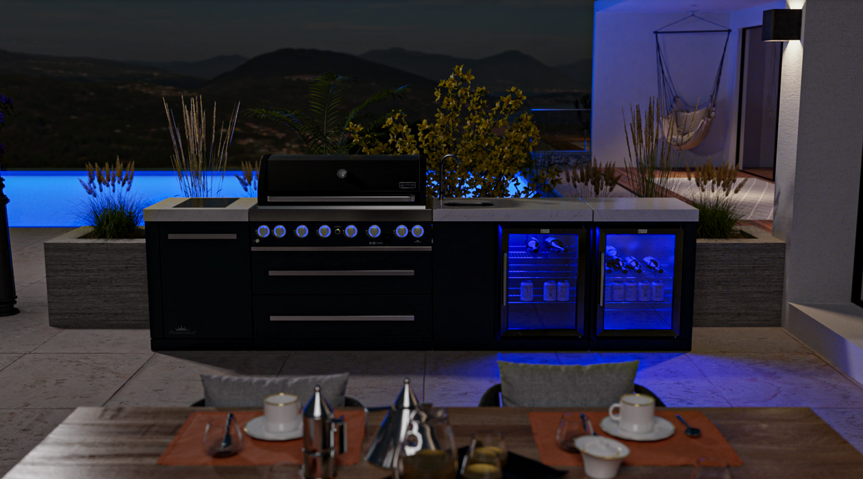 Mont Alpi Outdoor kitchen 805 Black Stainless Steel Island with a Beverage Center and Fridge Cabinet MAi805-BSSBEVFC1 + COVER 3.4M