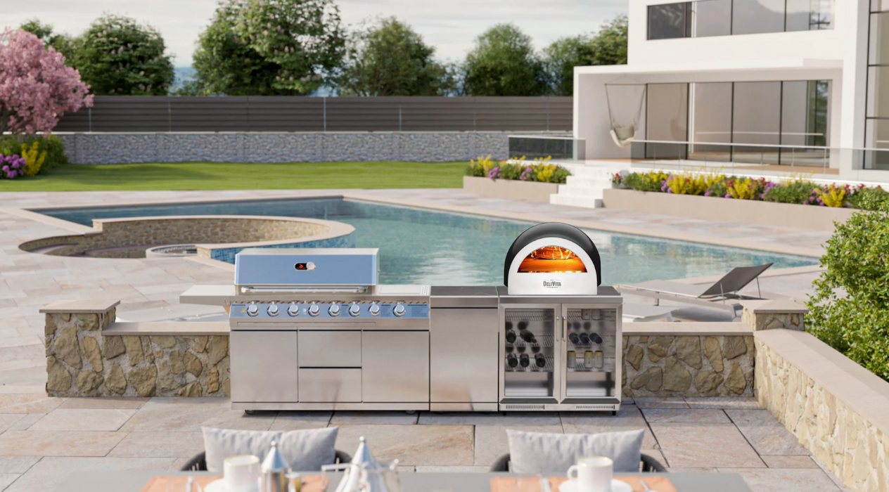 Whistler Blockley 6 Burner Outdoor Kitchen + Delivita Pizza Oven ( New Double line rounded Hood )