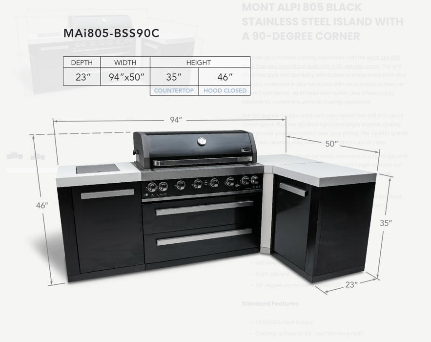 Mont Alpi Outdoor kitchen 805 Black Stainless Steel Island featuring a 90-degree corner MAi805-BSS90C - 2.4M