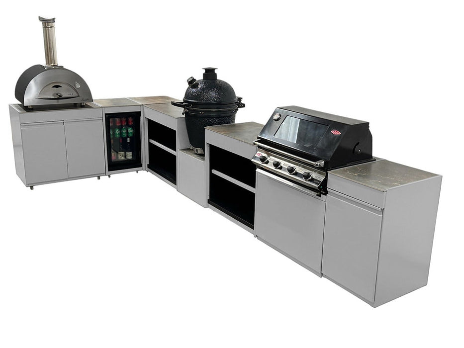Vision Outdoor Kitchen L Shape Fridge Pizza oven, Kamado, and Barbecue Grill