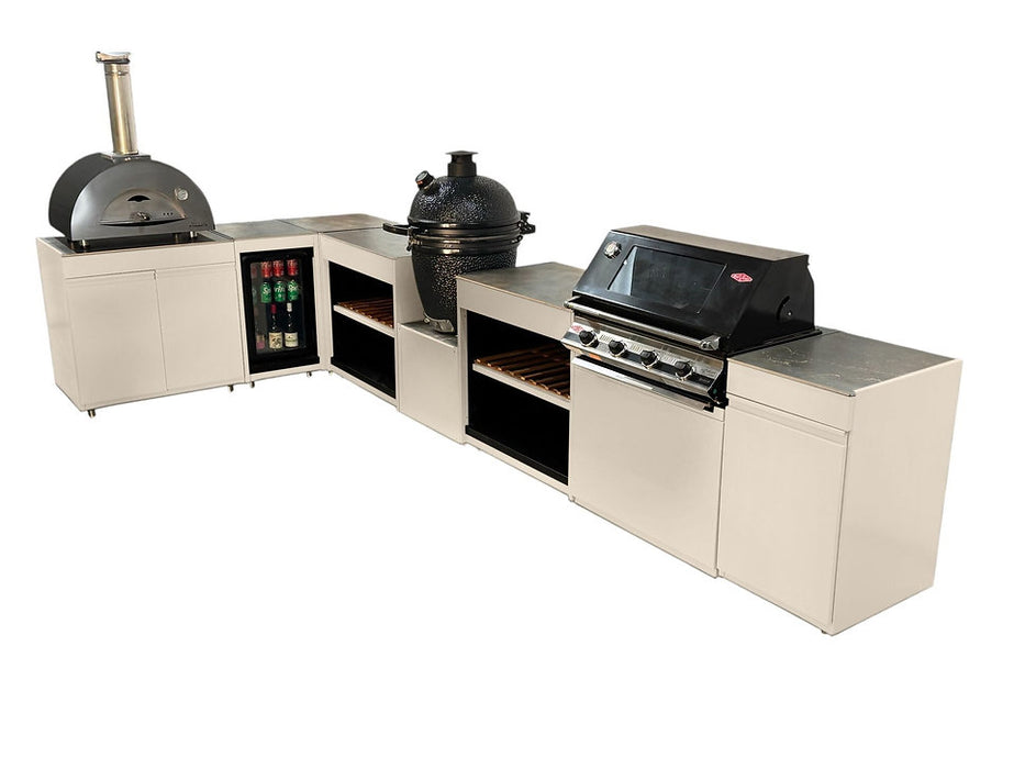 Vision Outdoor Kitchen L Shape Fridge Pizza oven, Kamado, and Barbecue Grill