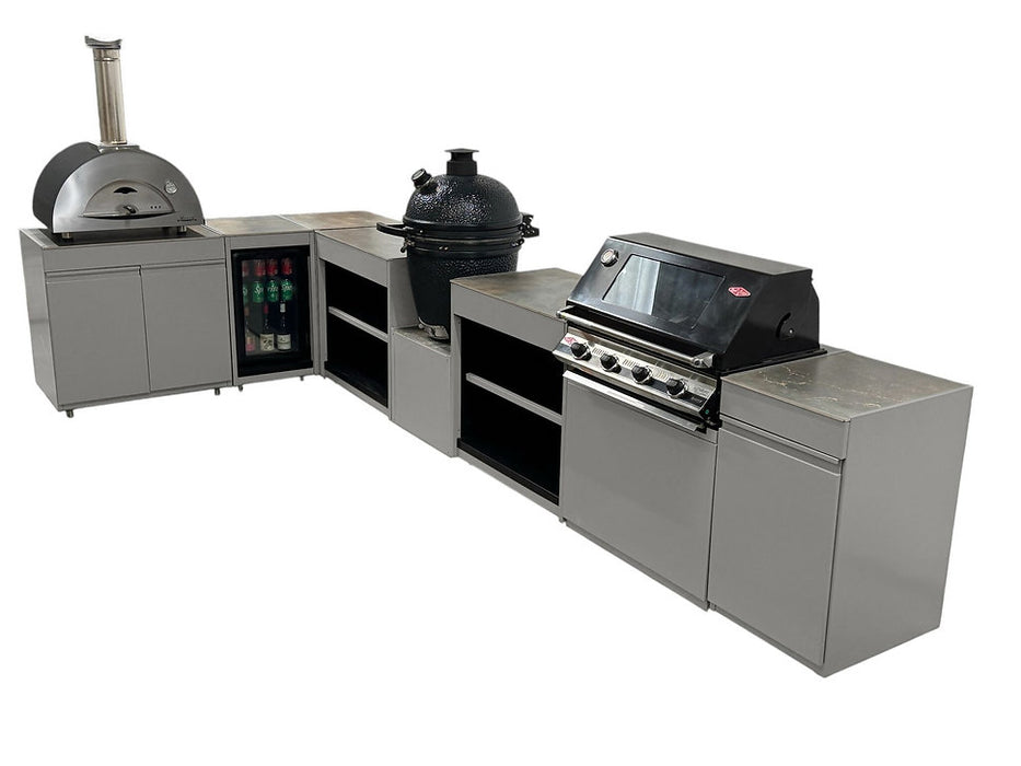 Vision Outdoor Kitchen L Shape Fridge Pizza oven, Kamado, and Barbecue Grill