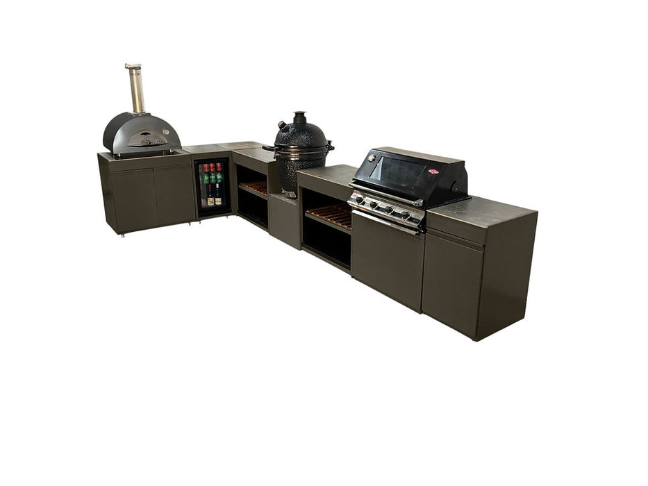 Vision Outdoor Kitchen L Shape Fridge Pizza oven, Kamado, and Barbecue Grill