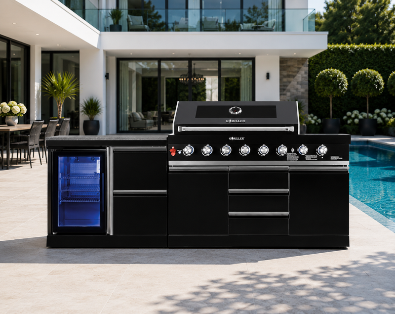 Goriller Outdoor Kitchen | 8-Burner Gas Grill, and Single Fridge | 2.5m Compact Luxury Design