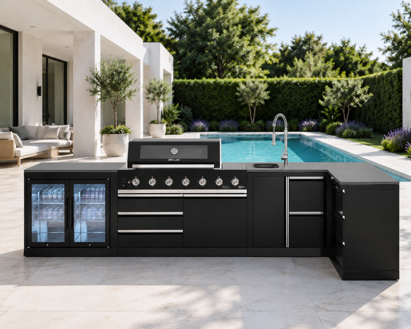 Goriller Outdoor Kitchen | 6-Burner Gas Grill, Sink Double Door Fridge & Workstation L-Shape | 4.5m Compact Luxury Design