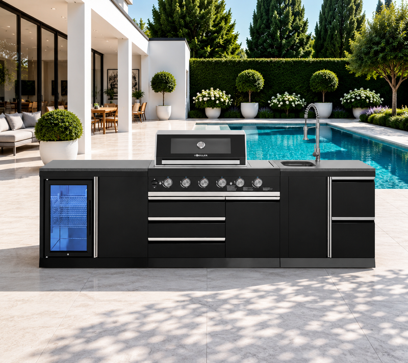 Goriller Outdoor Kitchen | 6-Burner Gas Grill, Sink and Fridge | 3m Compact Luxury Design