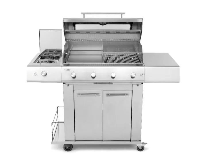 Pianeta Grill - Fry Top 750 4-burner gas barbecue with Sun Grill trolley Bordeaux red and Dual side burner