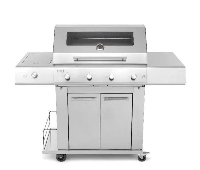 Pianeta Grill - Fry Top 750 4-burner gas barbecue with Sun Grill trolley Bordeaux red and Dual side burner