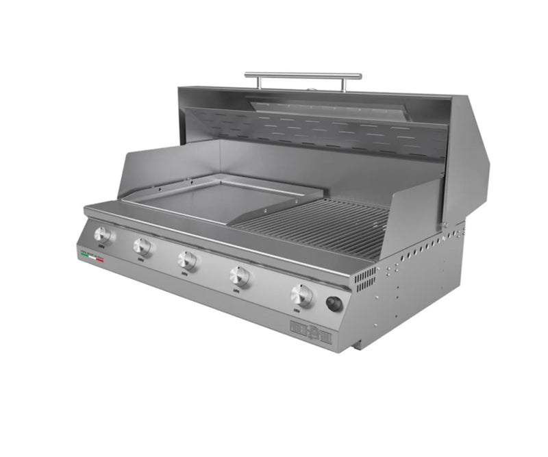 Barbecue Grill - Fry Top 1000 Professional 5 Burner Built-in Hybrid with Lid and half Teppanyaki Plate