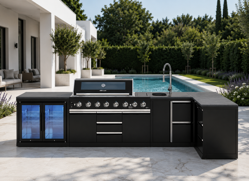 Goriller Outdoor Kitchen | 8-Burner Gas Grill, Double Door Fridge, Sink & Workstation | 4.8m Compact Luxury Design