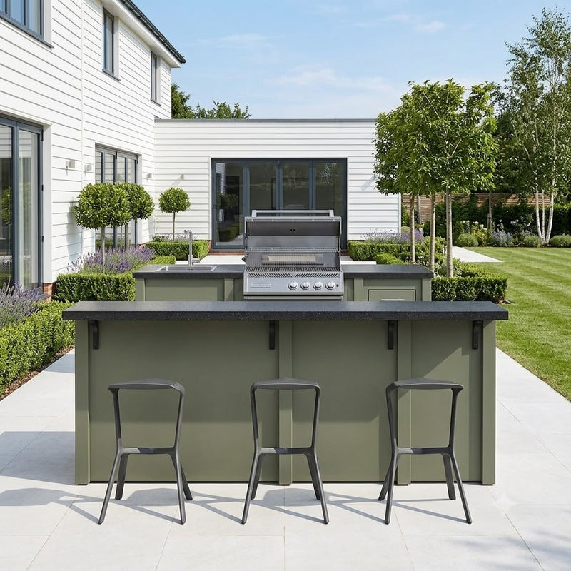 Grandpro by Stoll Aluminum Outdoor Kitchen - Sage Green bar & grill with refrigerator & sink - incl. Crossray C4 infrared barbecue - black