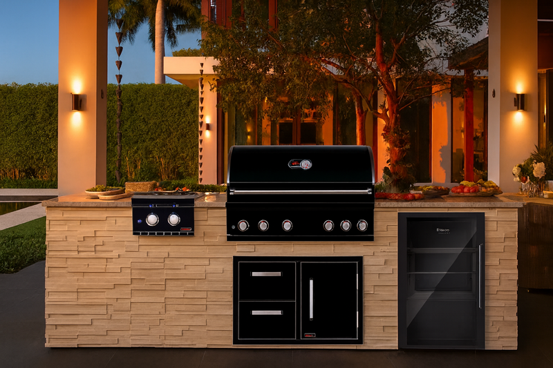 The Alpha Forge Outdoor Kitchen Whistler Burford 5 Burner Gas BBQ | 300cm Tuscany Beige Interlocking Travertine