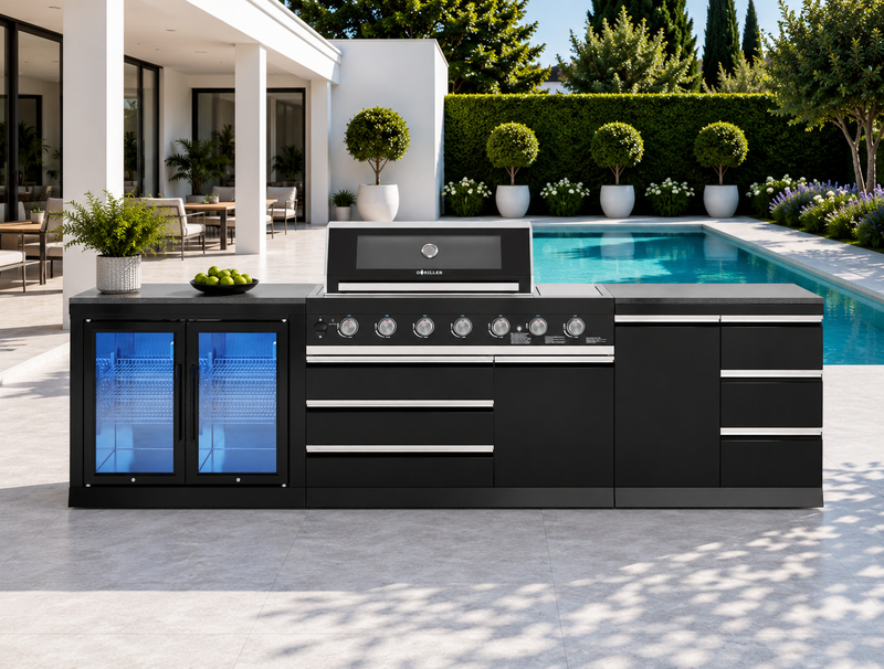 Goriller Outdoor Kitchen | 6-Burner Gas Grill, Double Door Fridge and Work Station | 3m Compact Luxury Design