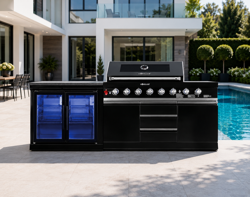 Goriller Outdoor Kitchen | 8-Burner Gas Grill, and Double Door Fridge | 2.5m Compact Luxury Design