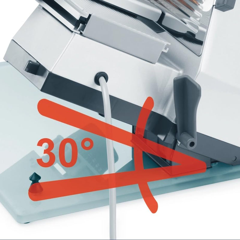 Graef Electrical Slicer Master 90 Silver. Electric Meat Slicer. Suitable for Meat, Cheese, Bread, Fruit and Vegetables. 0-20mm Slices with a 170mm Steel Blade, 30° tilt-Function, 170 watt Motor.