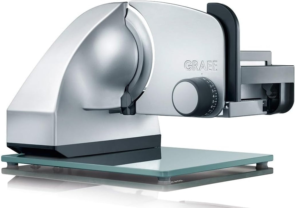 Graef Electrical Slicer Master 90 Silver. Electric Meat Slicer. Suitable for Meat, Cheese, Bread, Fruit and Vegetables. 0-20mm Slices with a 170mm Steel Blade, 30° tilt-Function, 170 watt Motor.