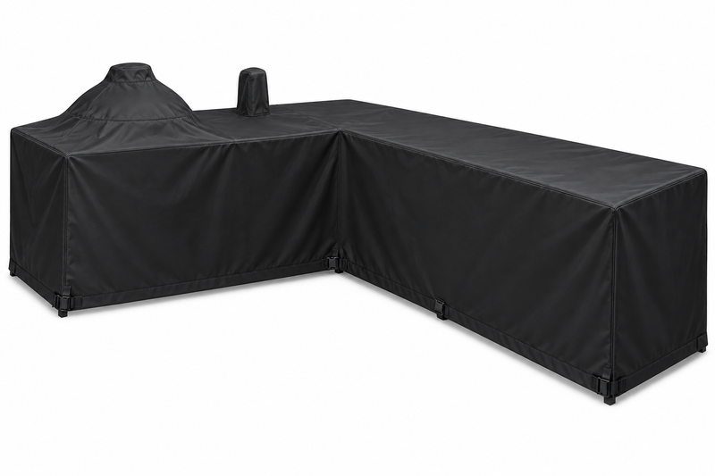 L Shape Outdoor kitchen Weather Cover with a Kamado and sink 2.3m x 3.4m