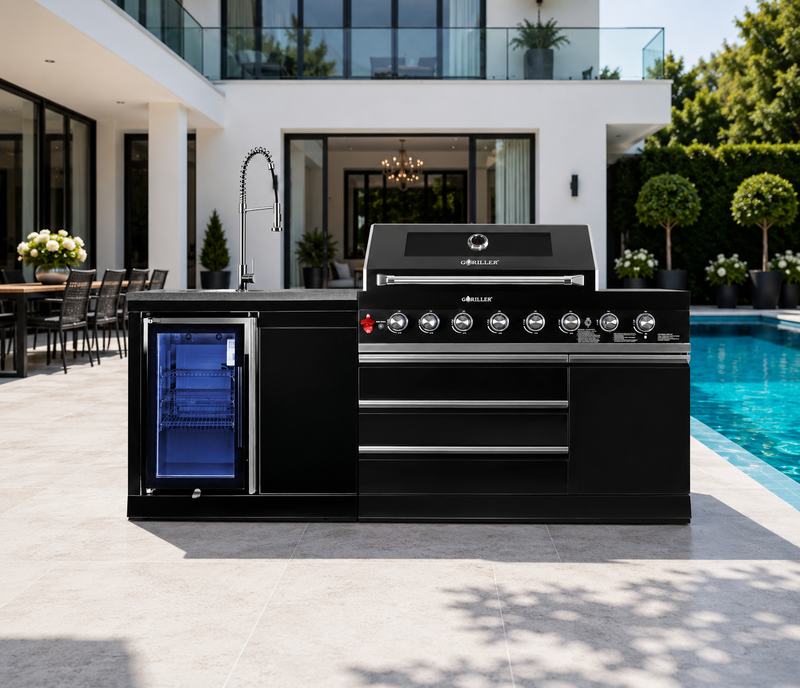 Goriller Outdoor Kitchen | 6-Burner Gas Grill, Sink and Single Fridge | 2.2m Compact Luxury Design