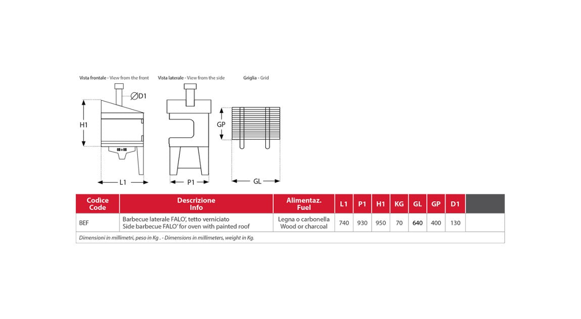 Rossofuoco FALO' Side barbecue 74 x 93 cm for outdoor ovens