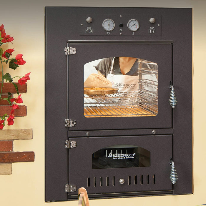 Rossofuoco QUATTROSTAGIONI Built-in double-sided wood-fired oven 75 x 80 cm with separate combustion - anthracite