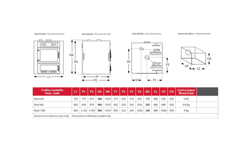 Rossofuoco STEEL INCASSO Built-in wood-fired oven 75 x 77 cm with separate combustion - stainless steel