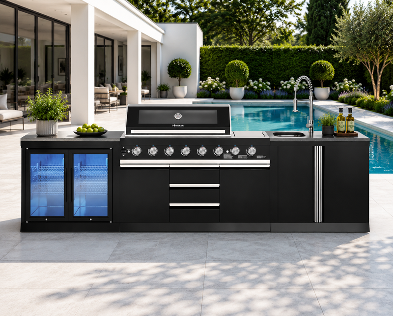 Goriller Outdoor Kitchen | 8-Burner Gas Grill, Double Door Fridge & Sink | 3.3m Compact Luxury Design