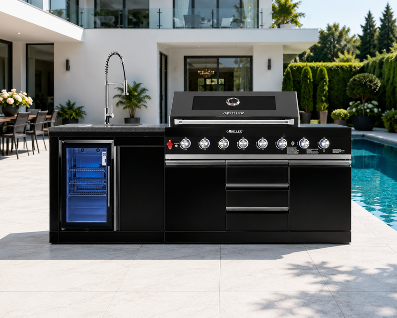 Goriller Outdoor Kitchen | 8-Burner Gas Grill, Sink and Single Fridge | 2.5m Compact Luxury Design