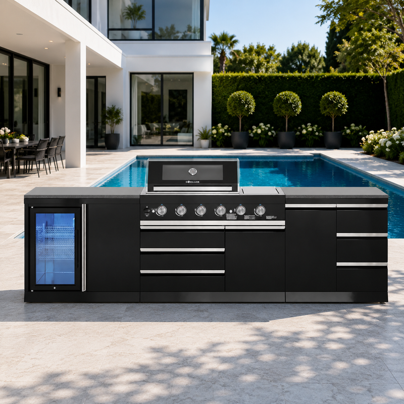 Goriller Outdoor Kitchen | 6-Burner Gas Grill, Drawer and Fridge | 3m Compact Luxury Design