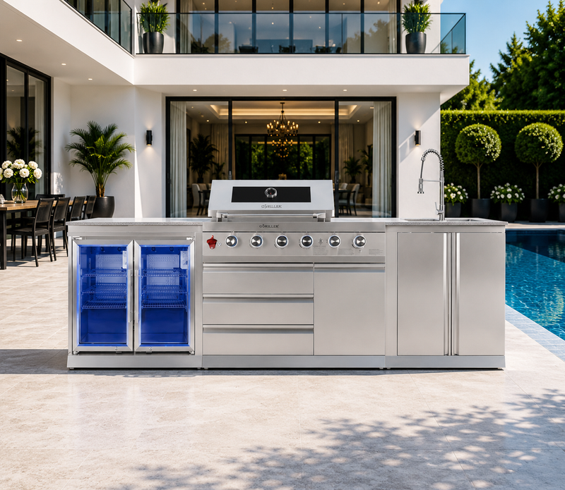 Goriller Outdoor Kitchen SilverBack| 6-Burner Gas Grill, Double Door Fridge and Sink | 3m