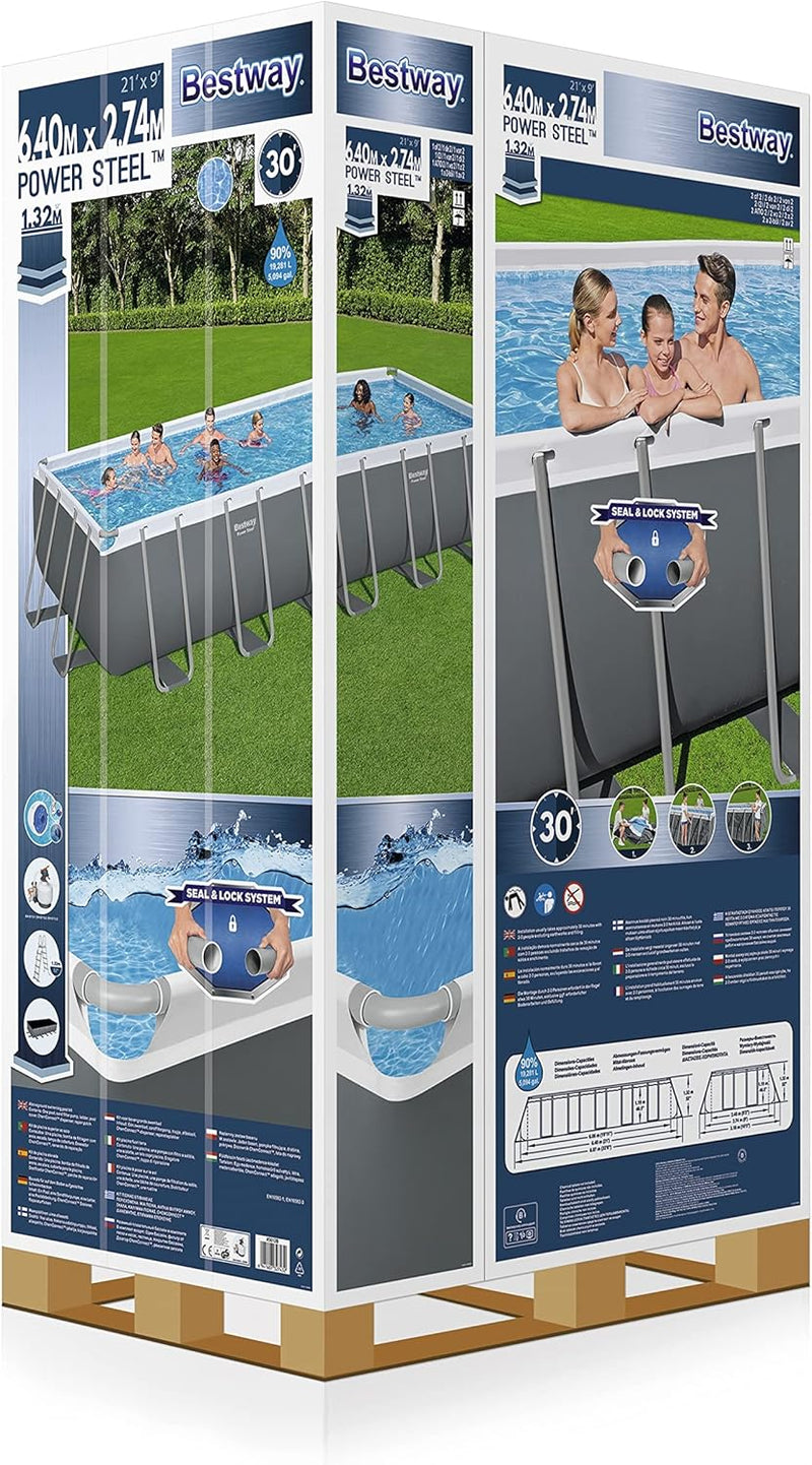 Bestway Power Steel Rectangular 21ft x 9ft x 52" Above Ground Swimming Pool, Set and Pool Cover