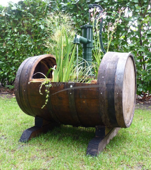 Oak Whiskey Barrel Lying Down with Cast Iron Pump