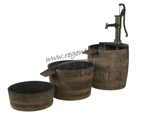 Oak Whisky Barrel Water Fountain - 3 Pieces with Cast Iron Pump