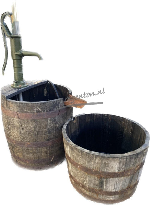 Oak Whisky Half Barrel Water Fountain - 2 Pieces with Iron Pump