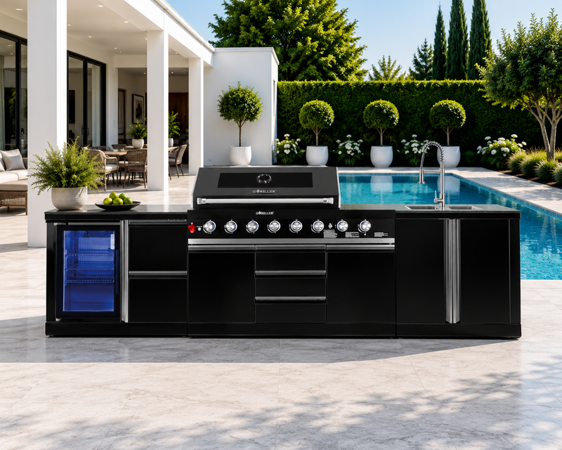 Goriller Outdoor Kitchen | 8-Burner Gas Grill, Single Fridge & Sink | 3.3m Compact Luxury Design