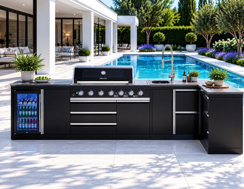 Goriller Outdoor Kitchen | 6-Burner Gas Grill, Sink Fridge & Workstation L-Shape | 4.5m Compact Luxury Design