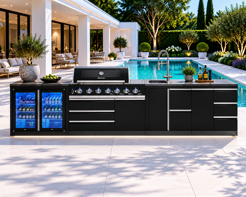 Goriller Outdoor Kitchen | 6-Burner Gas Grill, Sink Double Door Fridge & Workstation | 3.9m Compact Luxury Design