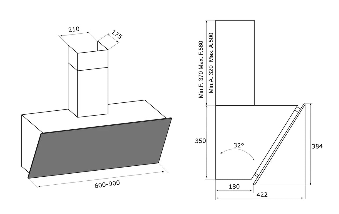 Airforce V1 90cm Angled Wall Mounted Cooker Hood-Black glass finish