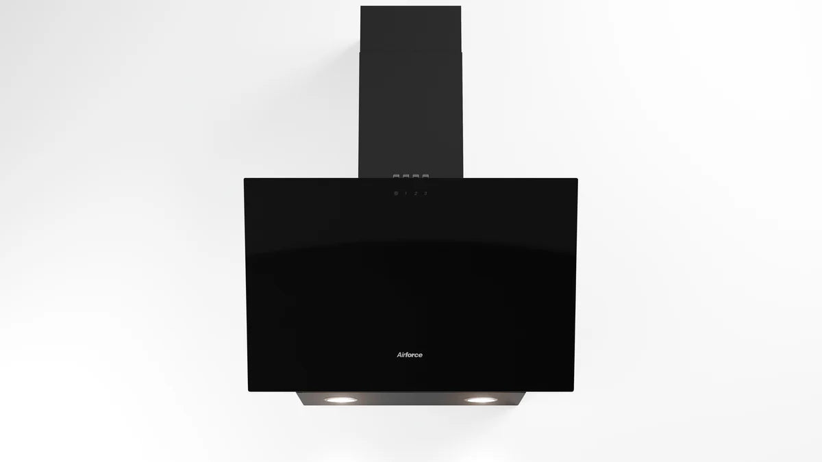 Airforce Alpha 80cm Wall Mounted Cooker hood with Push button Control, Integra Ready- Black glass finish