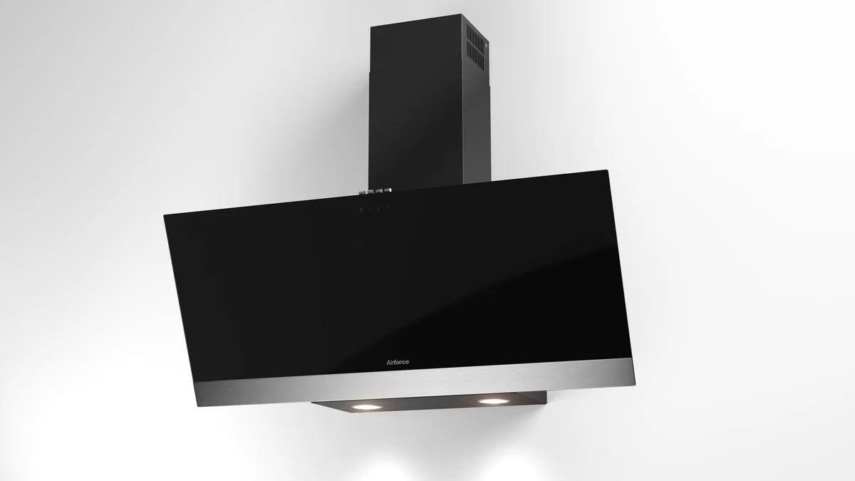 Airforce Alpha S 60cm Wall Mounted Cooker hood with Push Button Control, Integra Ready-Black Glass & Stainless Steel Strip