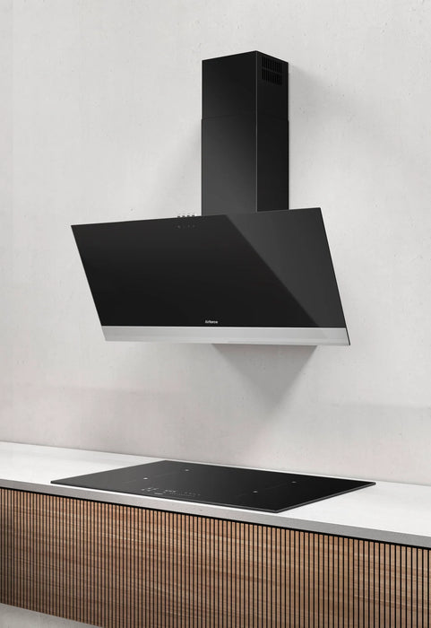 Airforce Alpha S 60cm Wall Mounted Cooker hood with Push Button Control, Integra Ready-Black Glass & Stainless Steel Strip