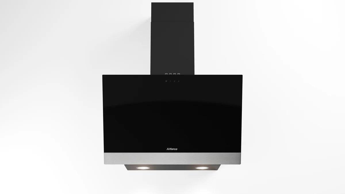 Airforce Alpha S 60cm Wall Mounted Cooker hood with Push Button Control, Integra Ready-Black Glass & Stainless Steel Strip