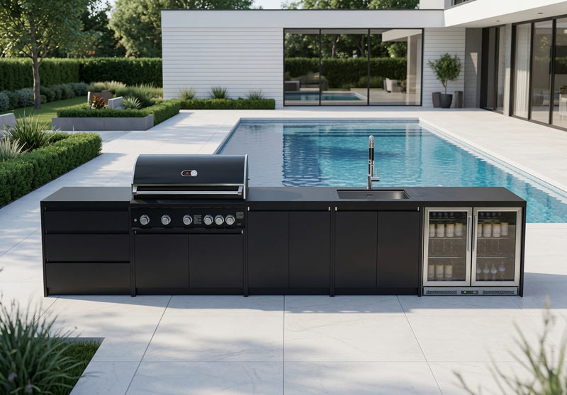 Whistler Fairford Black Outdoor Kitchen with Burford 5-Burner BBQ | 4.5M Full-Length