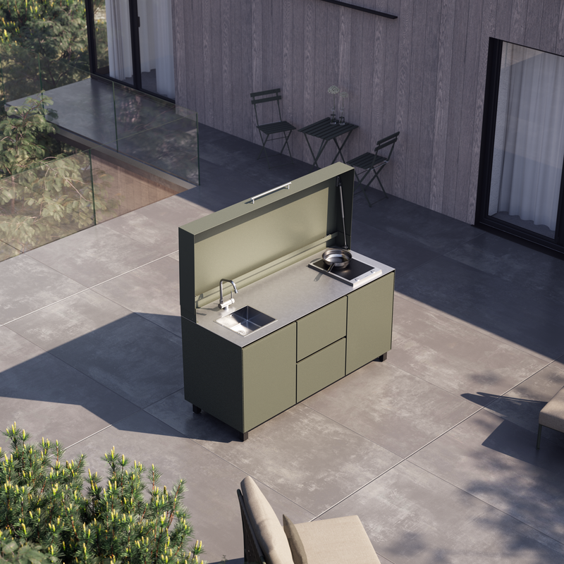 Hoppilif Outdoor Kitchen | Full lid 2 Burner Hod & Folding Tap and Sink – Olive Green (1.8m)