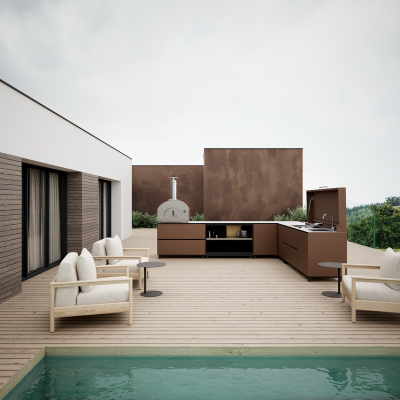 Hoppilif Outdoor Kitchen | L-Shape with Pizza Oven, Plancha Grill & Sink – Oxide Brown (3.6m x 2.8m)