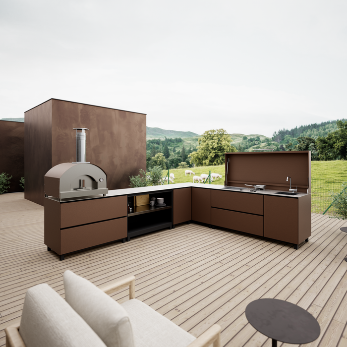 Hoppilif Outdoor Kitchen | L-Shape with Pizza Oven, Plancha Grill & Sink – Oxide Brown (3.6m x 2.8m)